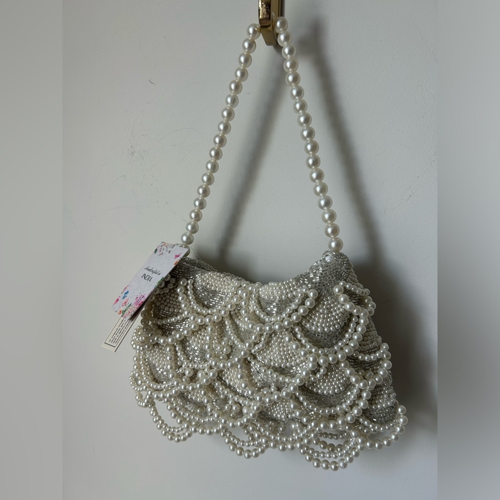 Viral Beaded Pearl draped and Silver Shoulder Bag